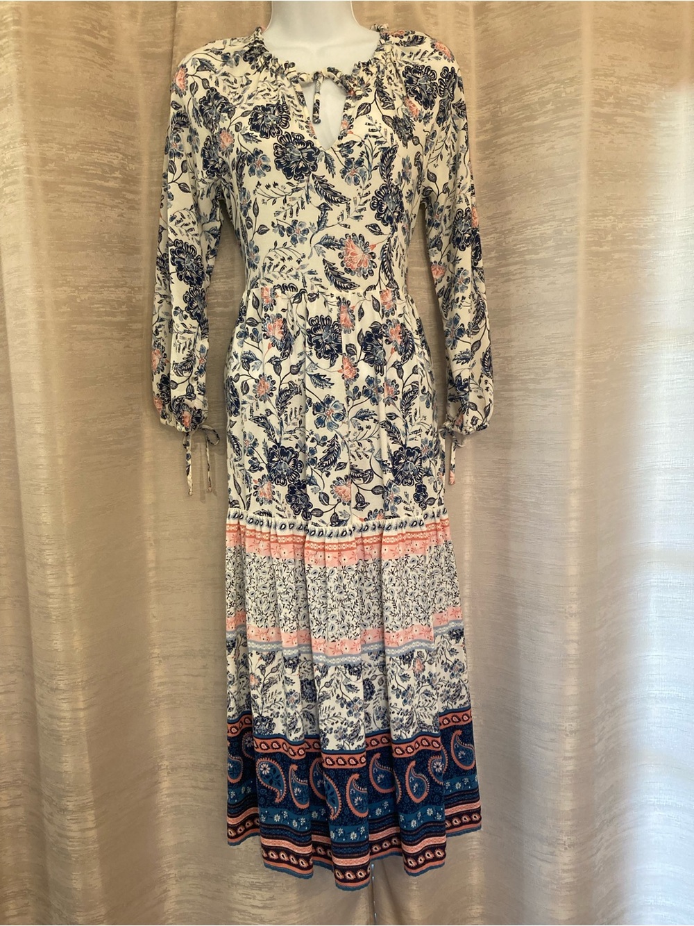 Old Navy Bohemian Floral Print Long Sleeve Maxi Dress - Cream with Blue & Pink